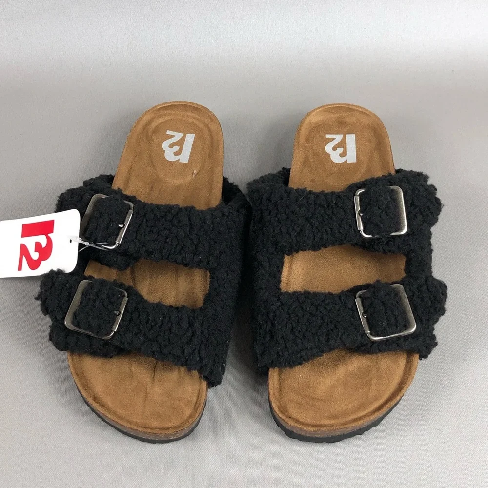 R2 Bernette Black Sherpa Teddy Shearling Buckled Double Strap Sandals - Picture 2 of 8
